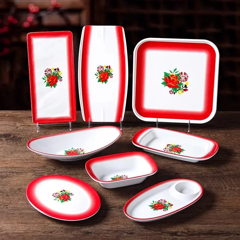 

Commercial Vintage Restaurant Dinnerware Plate Square Shape Miam Dishwasher Safe Imitation Porcelain Hot Pot Cold Dish Plate