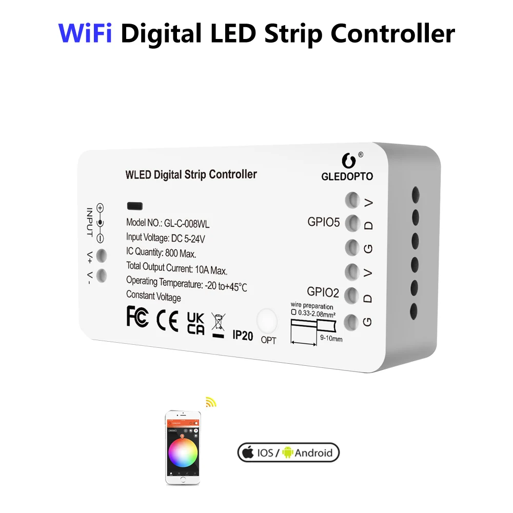 gledopto wi fi digital rgb led strip controlador faixa de led enderecavel controle app para ws2812b ws2811 sk68112 dc 524v gl c008wl 01