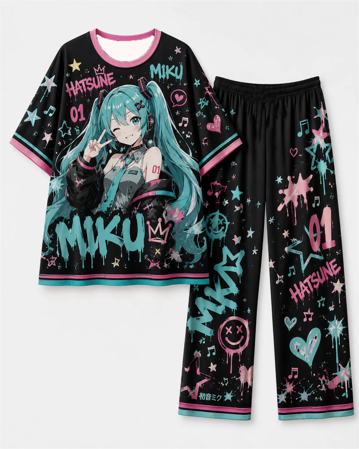 Youth Fashion Two‑piece Outfit Cute Hatsune Miku Graffiti Pattern Short‑sleeve Shirt And Loose Trousers Soft Daily Home Wear