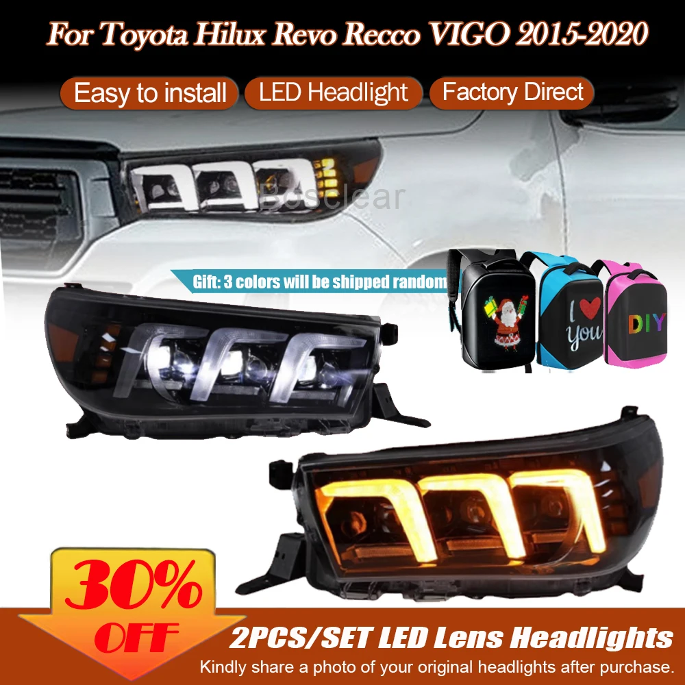 

Автомобильные фары для Toyota Hilux 2015-2020: Vigo, Revo, 2016. С ДХО, указателями поворота, ближним и дальним светом, линзованные проекторы.