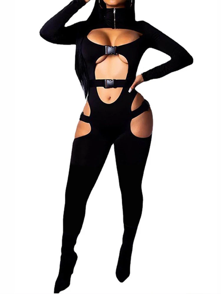 OMSJ 2023 Buckle Design Slim Hollow High Waist Jumpsuits High Neck Sexy Stretchy Body-Shaping Full Sleeve Trend Irregular Romper