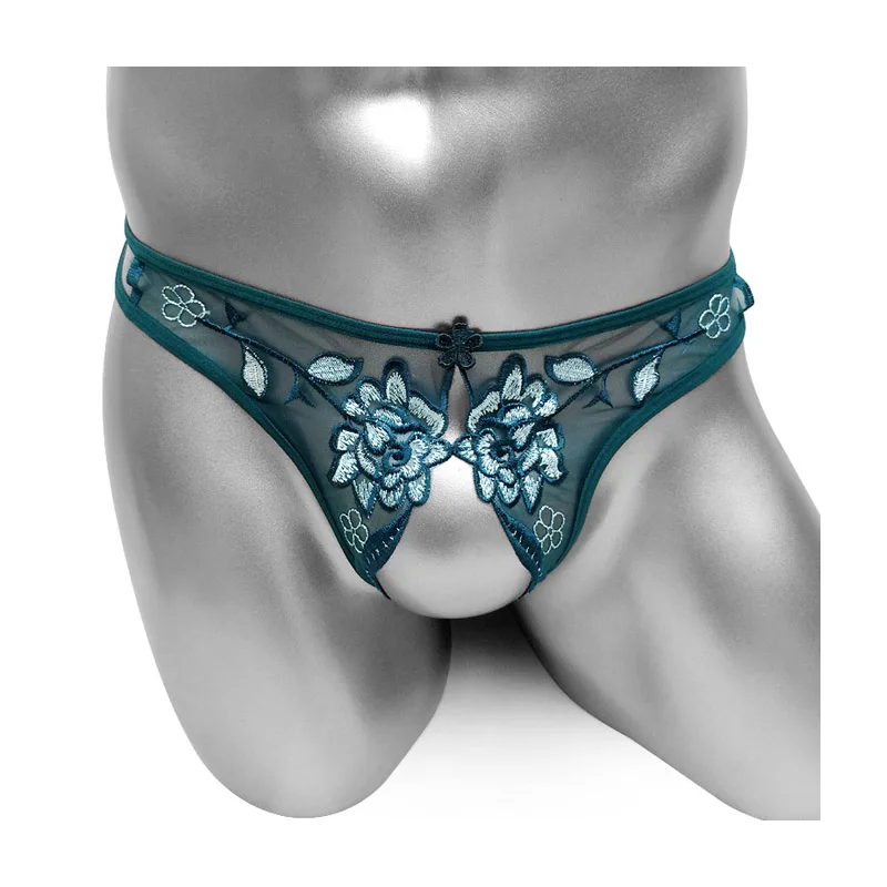 

Crotchless Mens Sexy Lingerie Thong Panties For Sissy Embroidery Mesh Underwear G string Gay Bikini Fashion Funny Sissy Panties