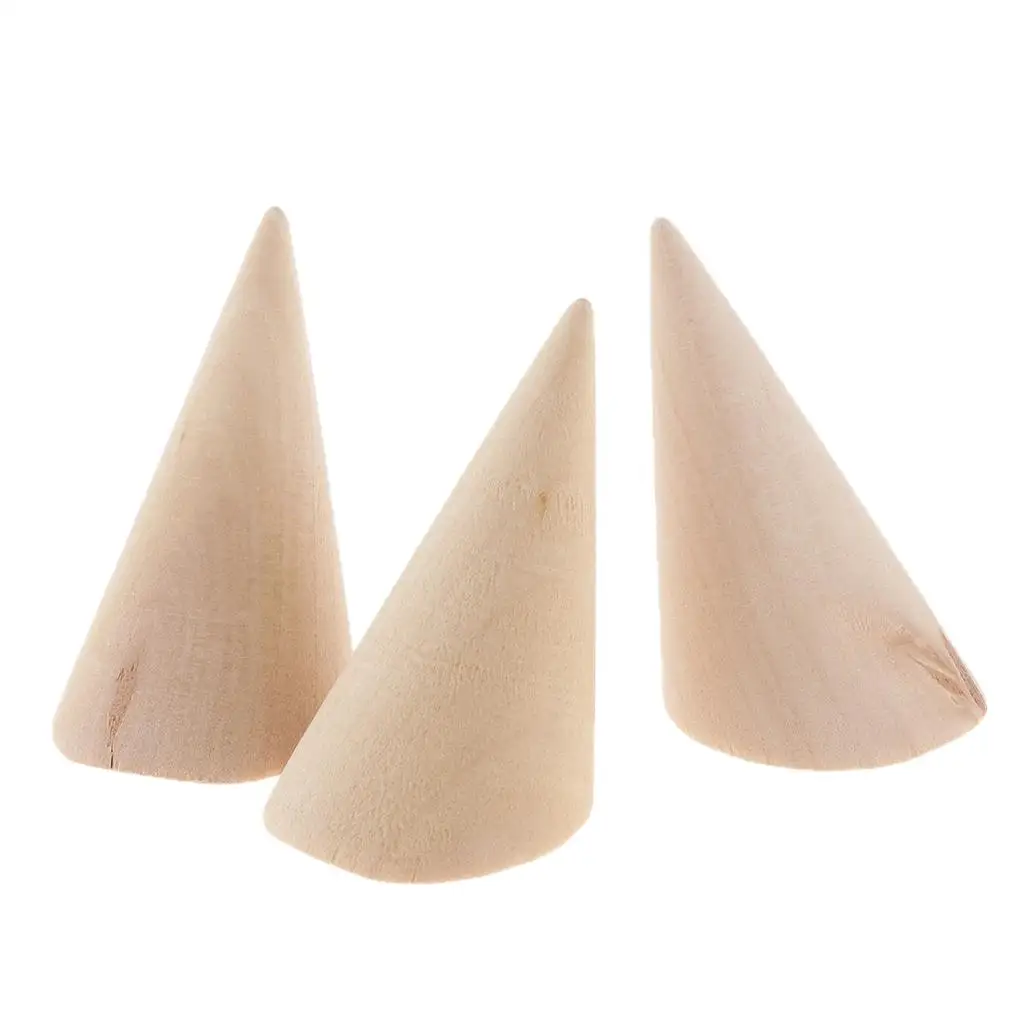 3pcs Handmade Small Unpainted Plain Natural Wood Cone Ring Display Stand