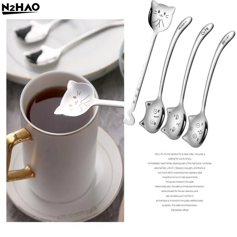 Stainless Steel Cute Cat Spoon Food Grade Cartoon Design For Stirring Coffee Tea Dessert Daily Use