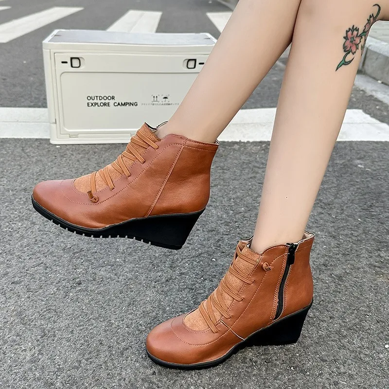 

2025 Spring and Autumn New style fashionable ankle boots, workwear casual side zipper wedge ankle boots