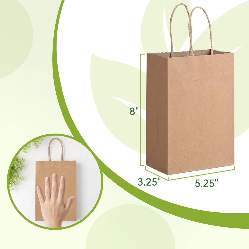 100 Pack Small Kraft Paper Gift Bags with Handles, 5.25 x 3.25 x 8 Inches, Brown, Bulk for Crafts, Shopping, Parties