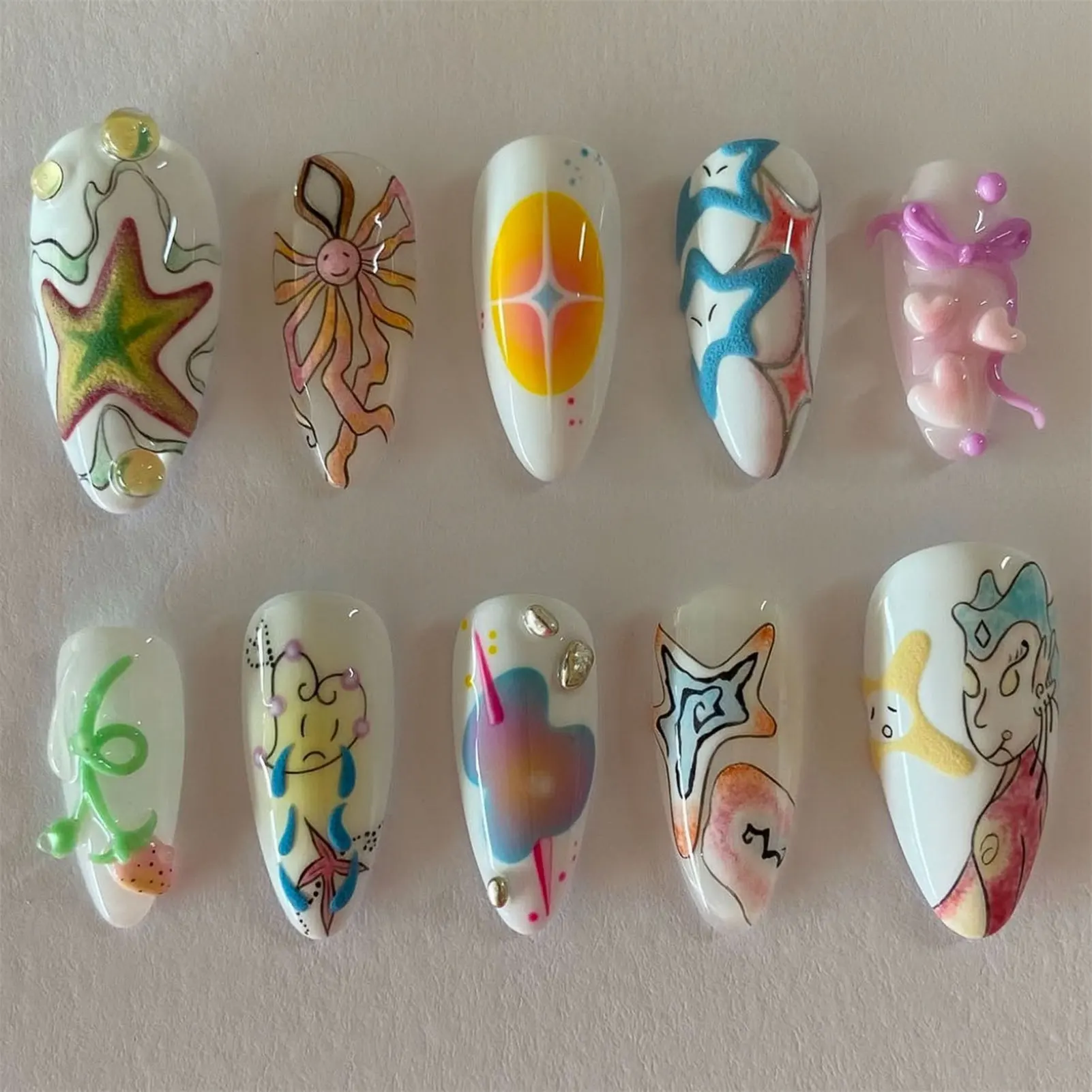 

10pcs Handmade Press On Nails Glossy White Almond Colorful Painted Y2k False Nails Spicy Girl Detachable Fake Nail Patches