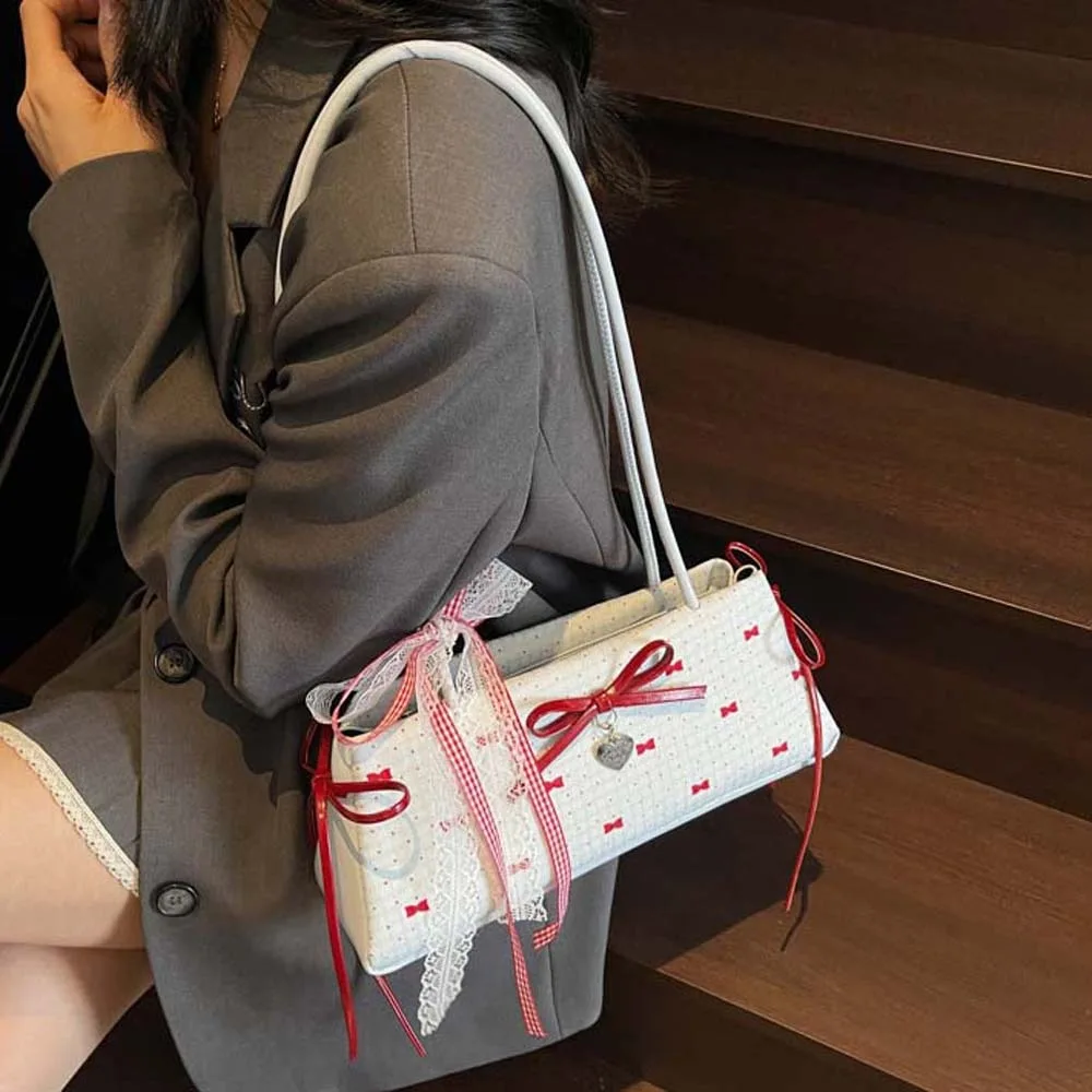 

Сумка для покупок, милая французская сумка контрастного цвета, большая вместительная сумка на плечо из искусственной кожи с бантом, водонепроницаемая кружевная лента, сумки для подмышек для девочек