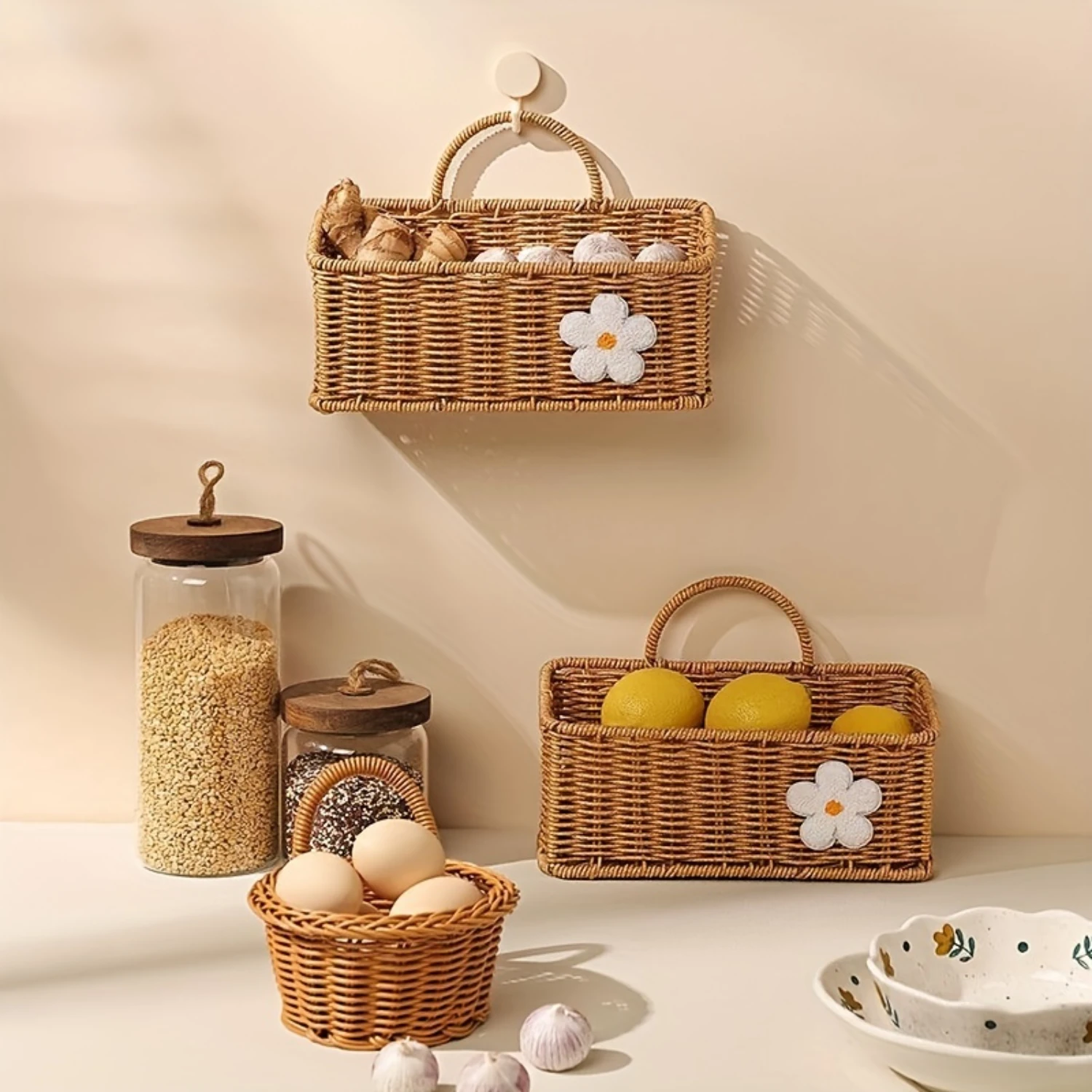 Kitchen Ginger Garlic Storage Basket, Rattan Woven Egg Onion Box, Wall Hanging Flower Basket - Handcrafted Home Décor