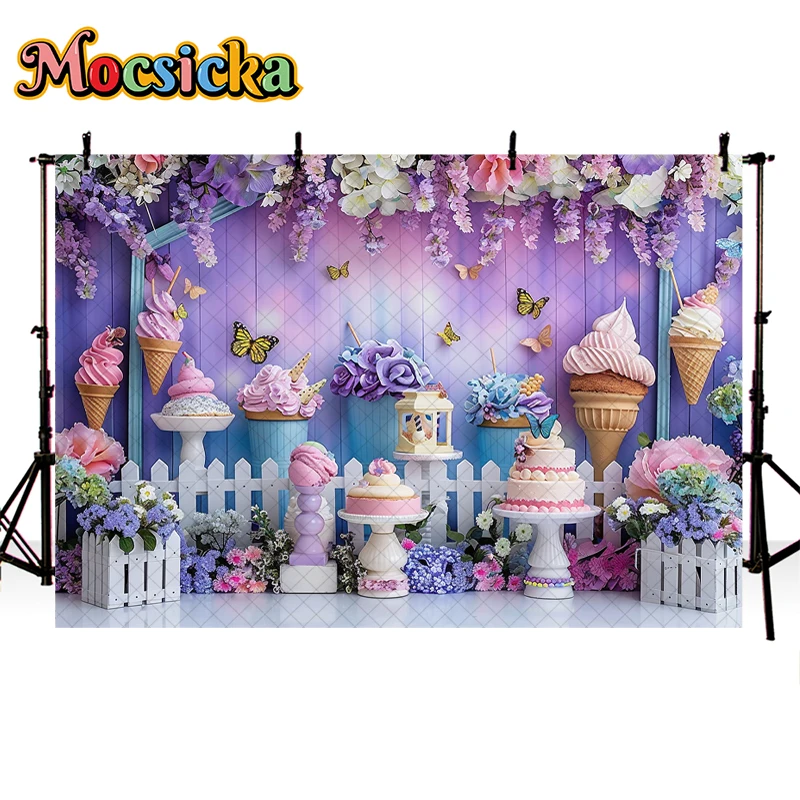 Mocsicka Photography Background Cake Smash Birthday Party Kids Portrait Spring Floral Butterfly Decor Backdrop Photo Studio