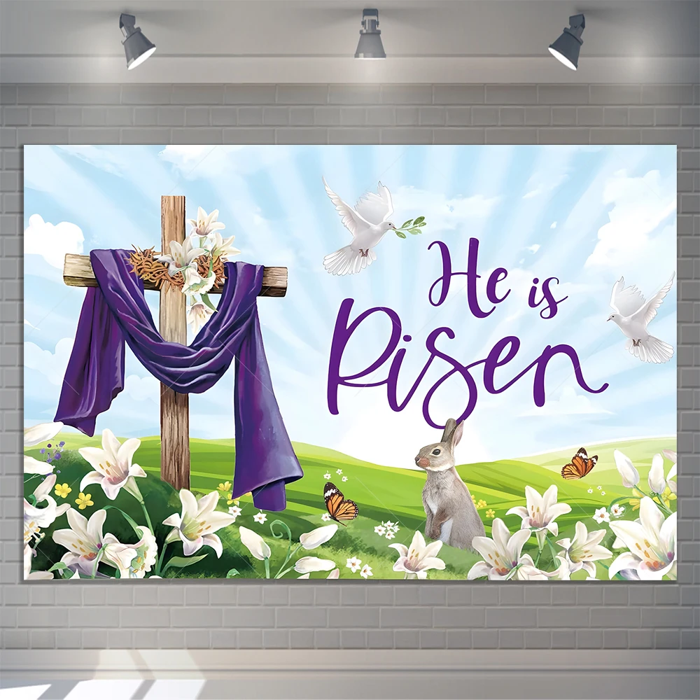 Joyeux Pâques, Il est ressuscité, bannière de fond pour la photographie, décorations, croix de Pâques, fond religieux pour la fête de printemps de Jésus