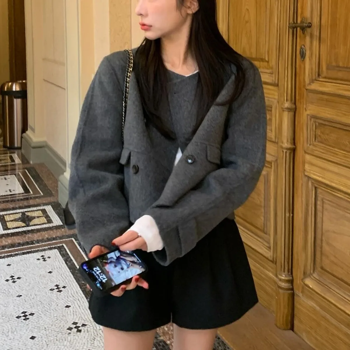 

Женский шерстяной топ Jaet ort round Ne с двойными пуговицами в стиле ретро, простой дизайн, удобный модный топ для поездок на работу