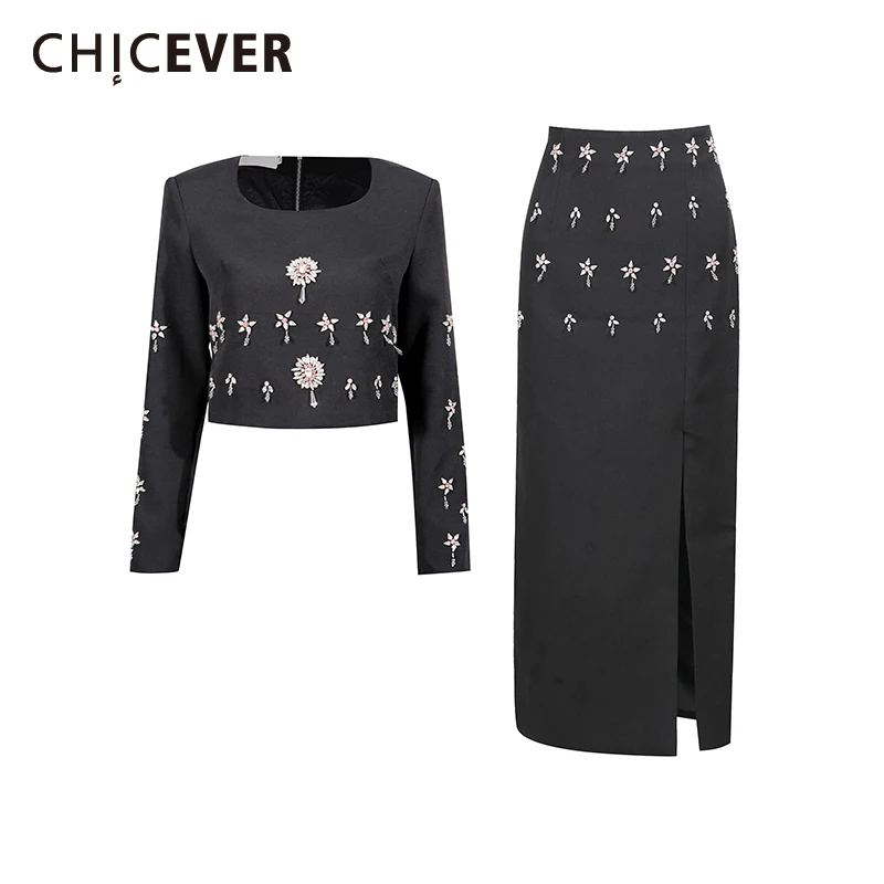 

CHICEVER Роскошный комплект из двух предметов для женщин: топ с квадратным вырезом и длинными рукавами, юбка с высокой талией и разрезом