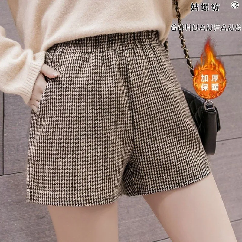 Plaid Shorts Frauen elastisch hohe Taille A-Linie weites Bein Femme Shorts Herbst Winter Dame elegante kurze Hosen Shorts feminino t510