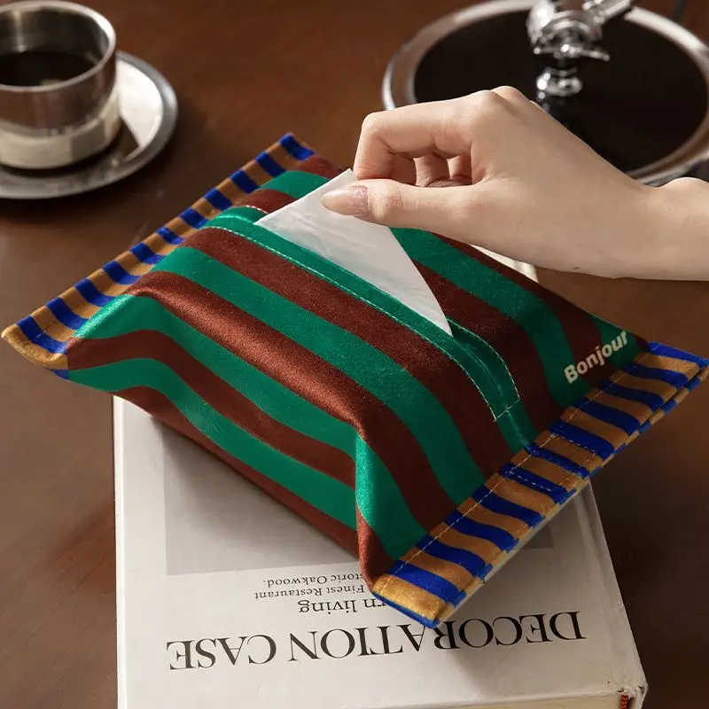Retro Striped Napkin Holder Soft Short Plush Tissue Box Living Room Dining Table Decoration Tissue Case Kitchen Storage Bag Gift