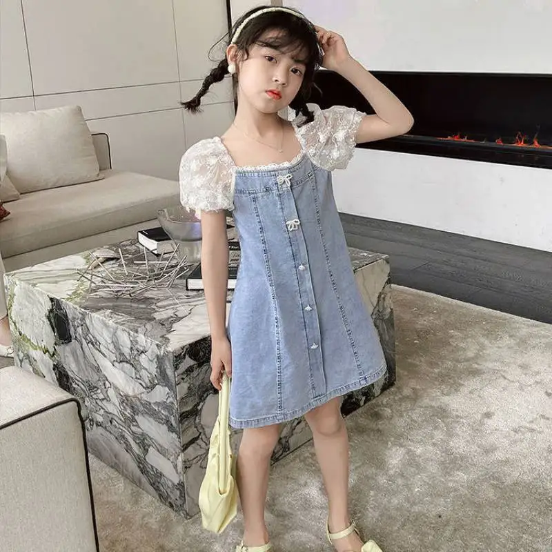 Girls' Summer 2024 Girl's Stylish Lace Bubble Short Sleeved Princess Denim Skirt Kids Clothes Flower Girl Dresses for Weddings