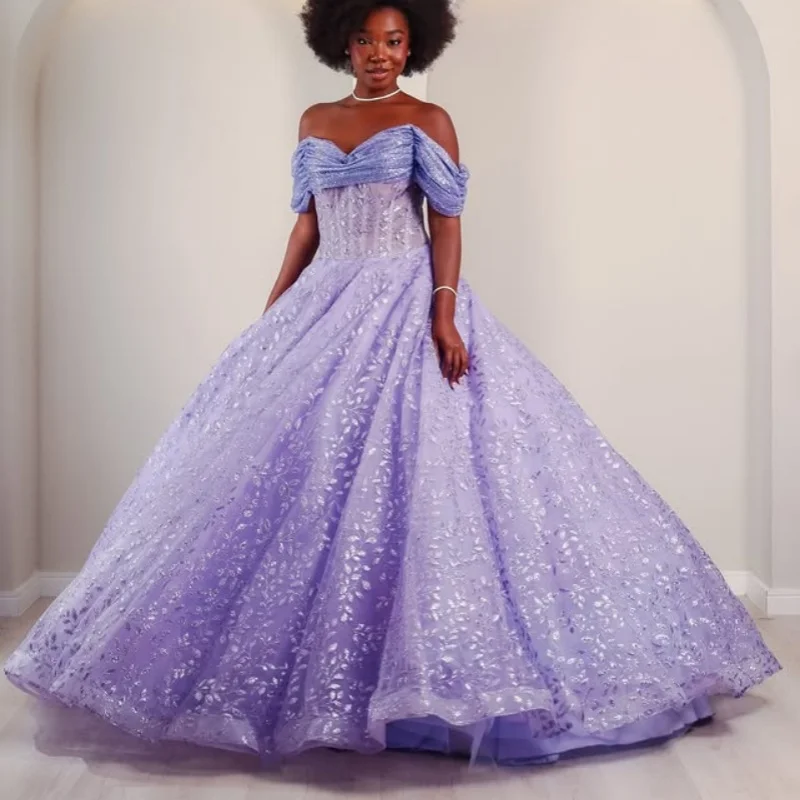 

Shiny Purple Quinceanera Dress off-shoulder glitter Decal Long tail Bow Vestidos De 15 Quinceanera ﻿Customize