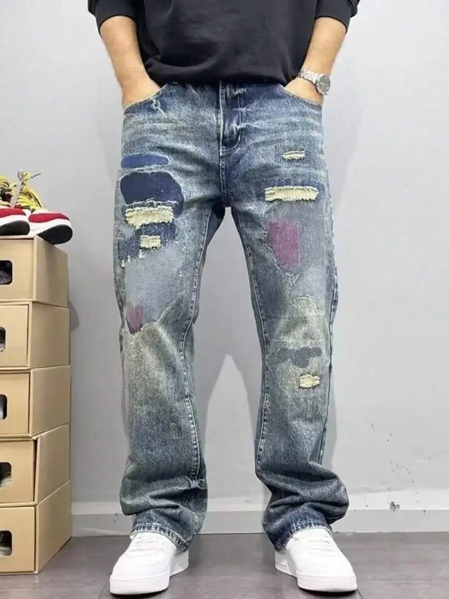 

Retro Distressed Patchwork Straight Leg Jeans For Men