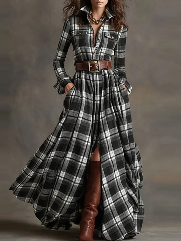 Autumn Elegant Lapel Button Long Dress Lady Casual Long Sleeve Pocket Party Dress Vintage Plaid Printed Draped Loose Shirt Dress