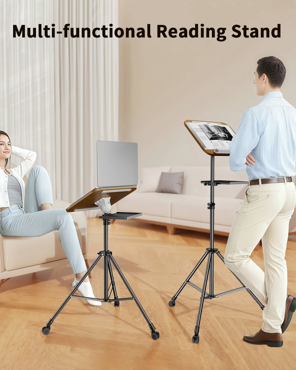 

Oatsbasf Portable Laptop Stand Tripod Floor Adjustable Height Projector Reading Tripod Stand with Tray Wheels Movable for Office