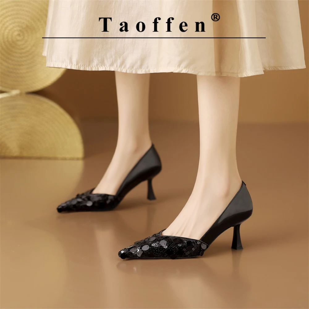 

Taoffen Brand Solid Fashion Pumps For Women High Heel Retro Pointed Toe Party Pumps Thin Heels Bling Lady Shoes 2024 New Trend