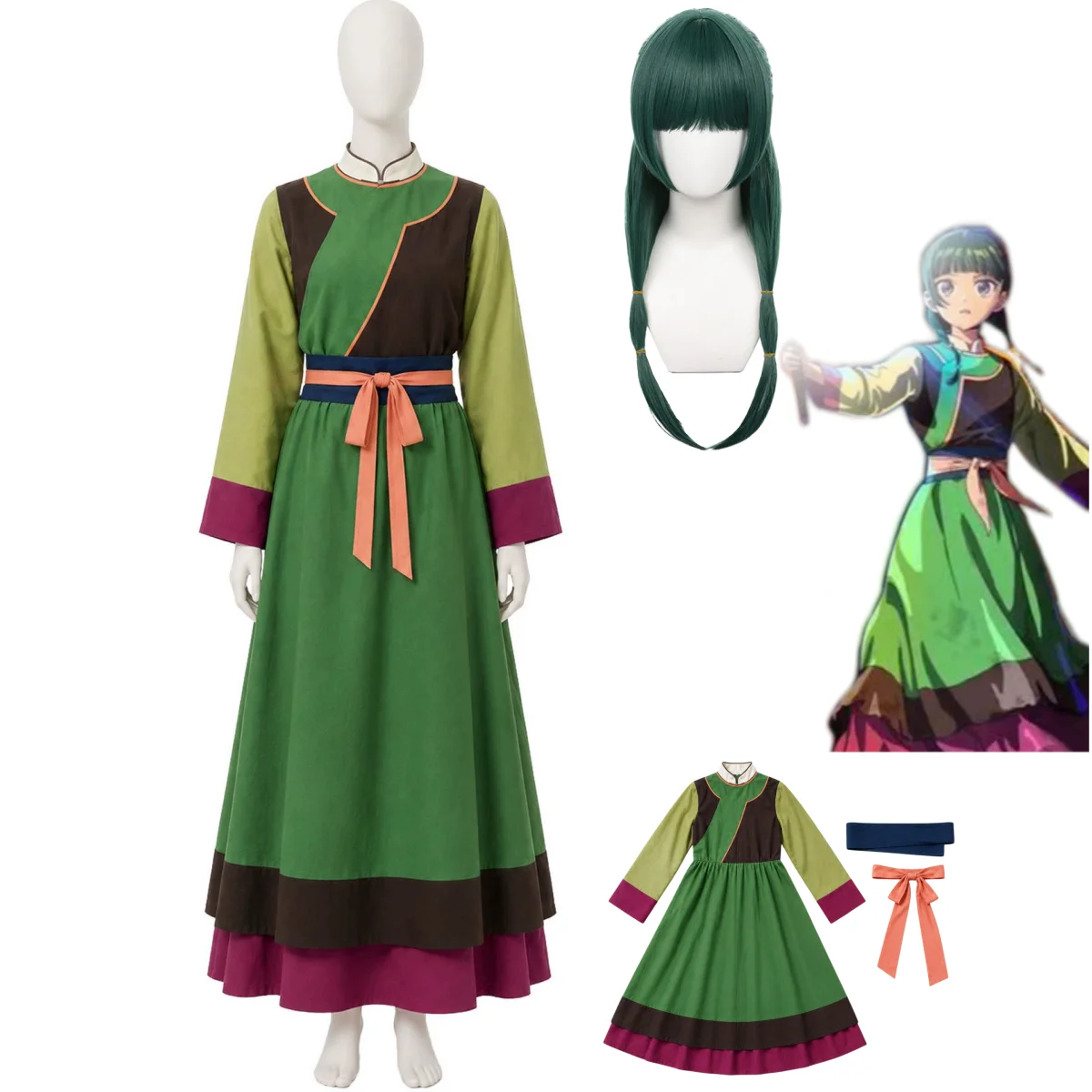 Costume de Cosplay Maomao de l'anime The Apothecary Diaries, robe Hanfu verte de style chinois, ceinture, perruque, tenue traditionnelle pour femme pour festival