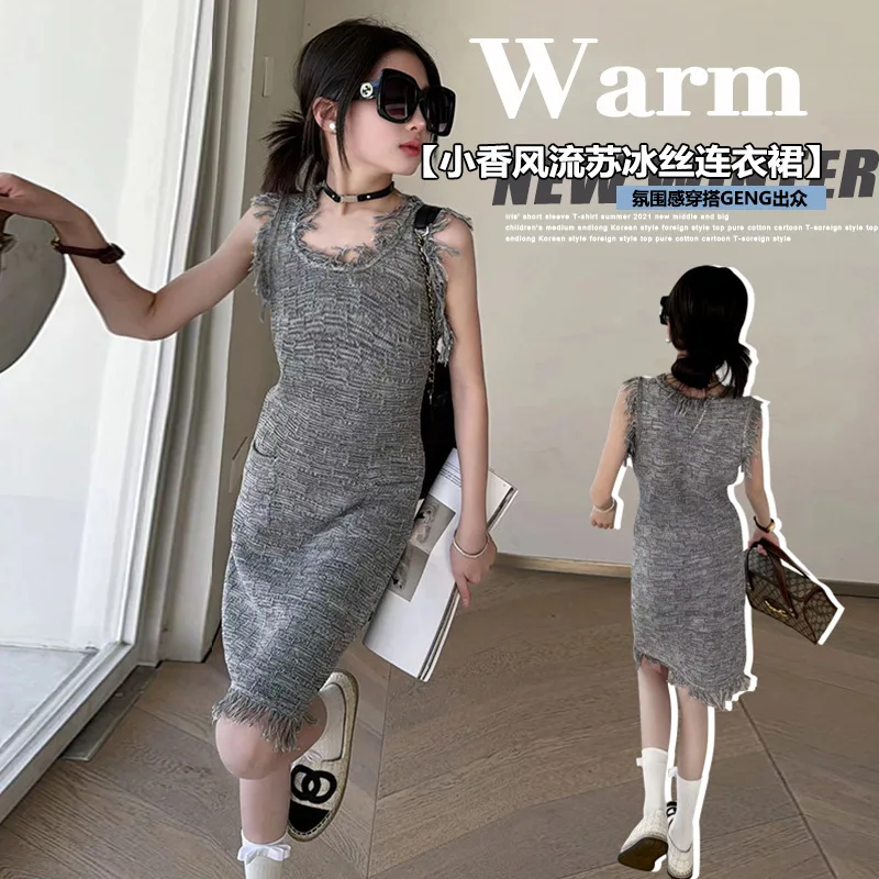 

2024 4-14 Girls Summer Knitted Tassel Dress Straight Sleeveless Round Neck Trendy Tank Top kids clothes Casual one-piece dress