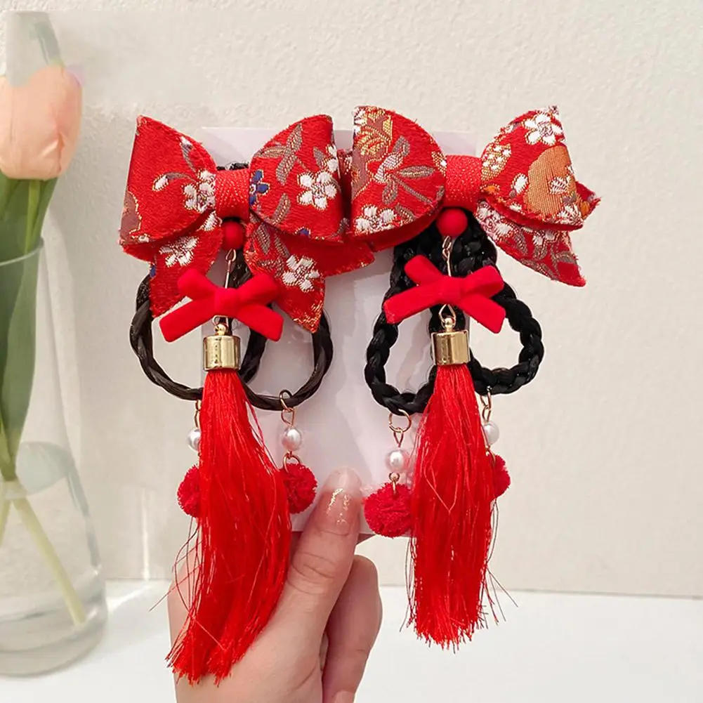 Chinese Style Fashion Hanfu Flower Tassel Headband Pigtail Wig Children\'s Pearl Bow Cartoon Cute Hairband New Year Headdress