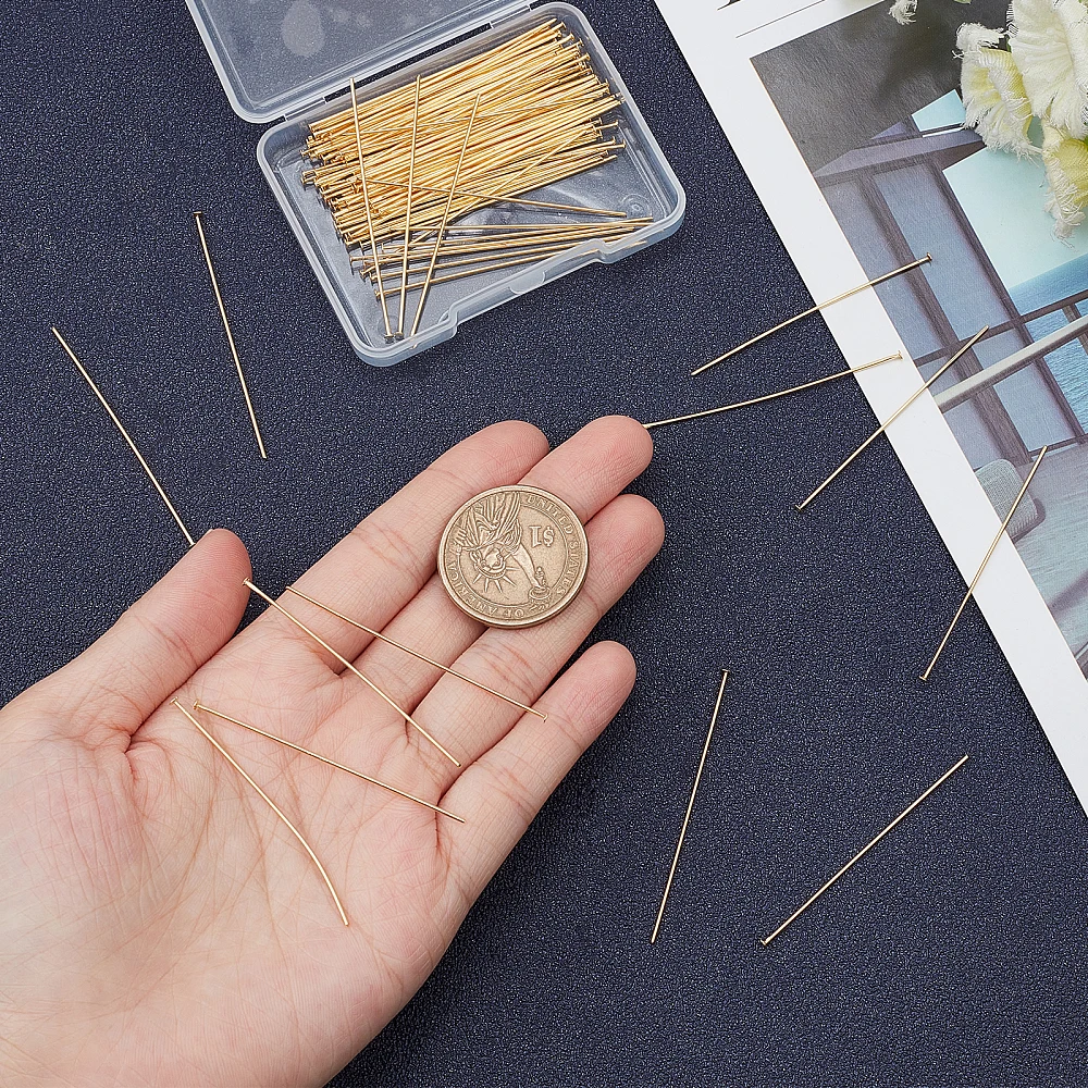 100Pcs/Box Flat Head Pins 18K Gold Plated Beading Pins 50mm Jewelry Head Pins for Earring Beading DIY Craft - view 3