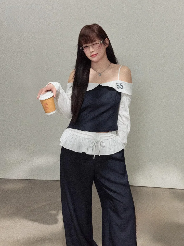 

Комплект повседневных брюк больших размеров с эффектом похудения, топ с открытыми плечами и плиссированной талией для полных женщин, с высокой талией, длинными рукавами