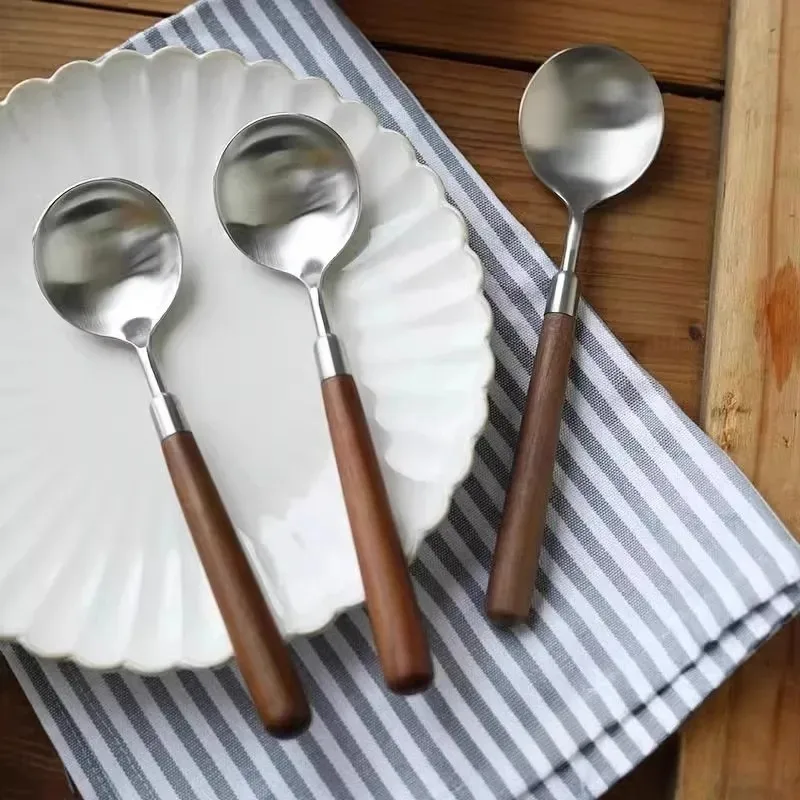 3Pcs Wooden Handle Imitation Walnut Grain Large Soup Spoon, Stainless Steel Round Eating Utensils for Western Food Dining