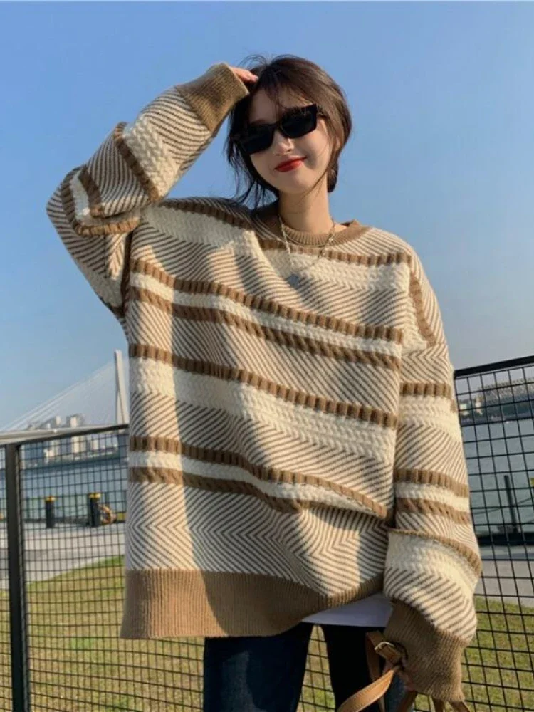 

2024 Autumn/Winter Fashion Sports Elegant Women's Warm Knitted Hoodie Splicing Grid Round Neck Loose Long Sleeve Sweater Jumper