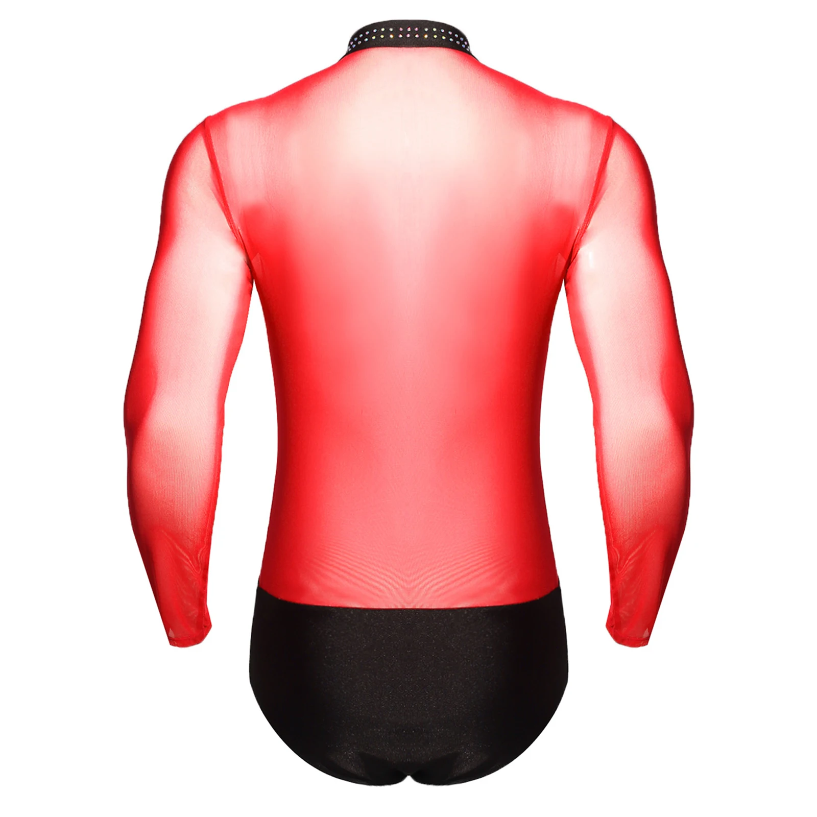 Heren glittersteentjes gymnastiek artistiek kunstschaatsen kostuum lange mouw ritssluiting pure mesh dans maillots bodysuit