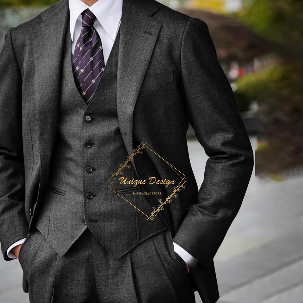 

Classic Men's Grey Suit 3-Piece Jacket Vest Pants Elegant Set for Wedding Date Birthday Banquet Easter Party Gift Custom Tuxedo