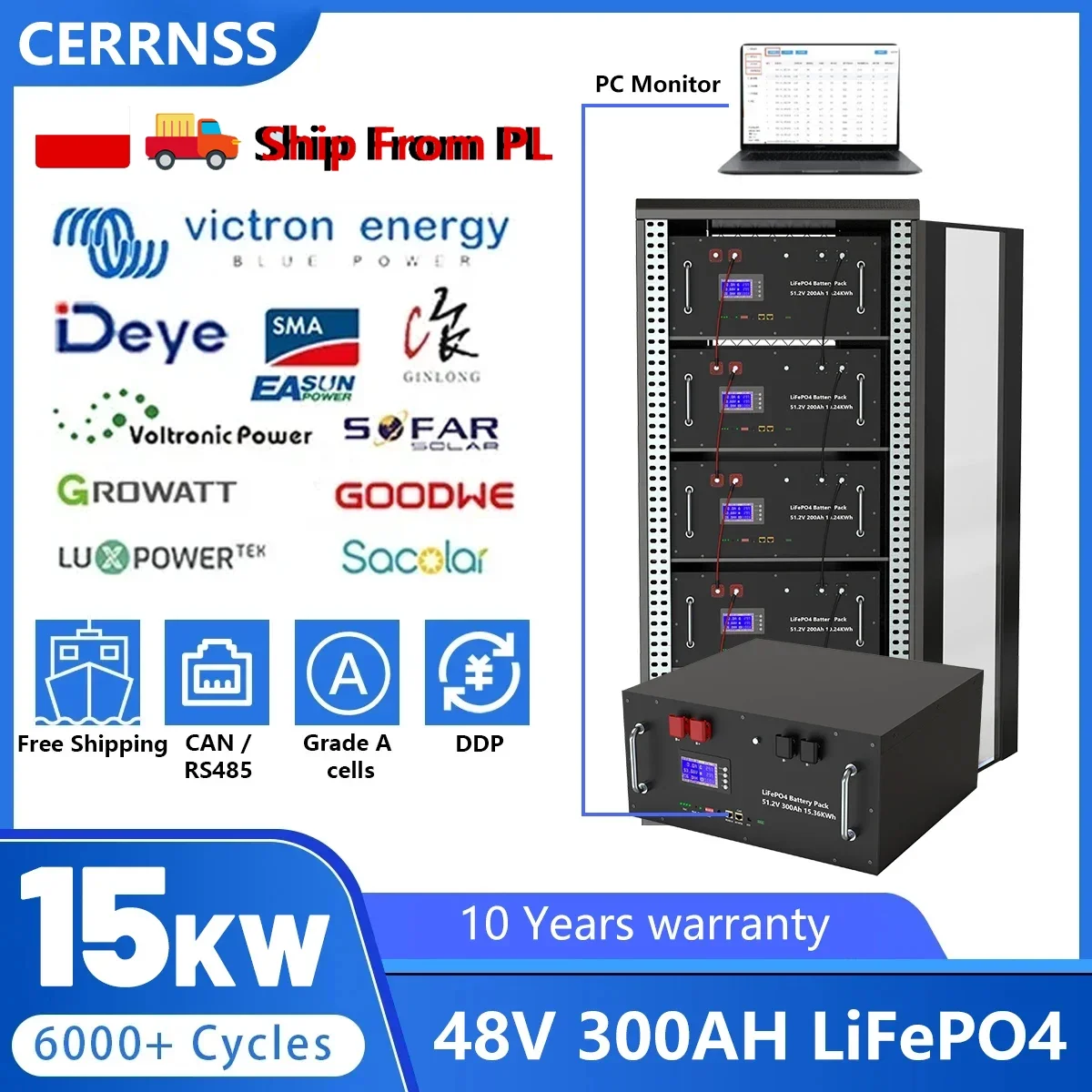 Image of Lifepo4 48V 300Ah 15Kwh Batterie 51.2V 100Ah 120Ah 150Ah 200Ah 6000+ Zyklen Bluetooth Aktiver Equalizer 200A Rs485 Can BMS PC-Monitor Lithium-Batterie PL EU Lager Haushaltsenergiespeicher 10 Jahre