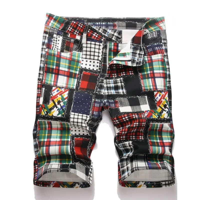 Men's Patchwork Plaid Denim Shorts Summer Fashion Loose Straight Knee Length Five-Point Casual Printed Shorts Male Streetwear