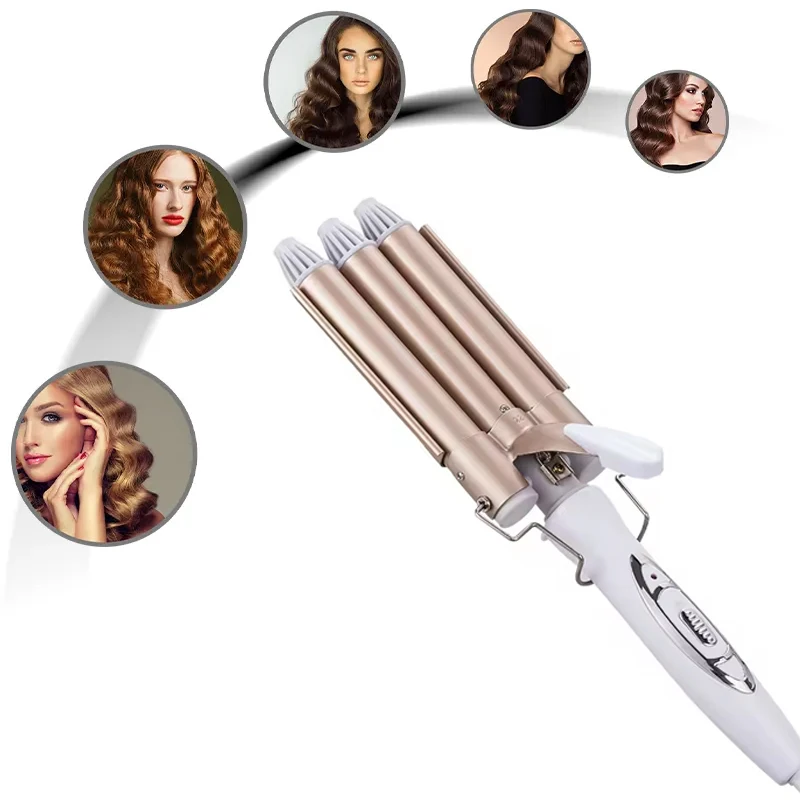 

Professional Wholesale Hair Curler Ceramic Three Barrel Curling Wand Hair Iron Without Heat