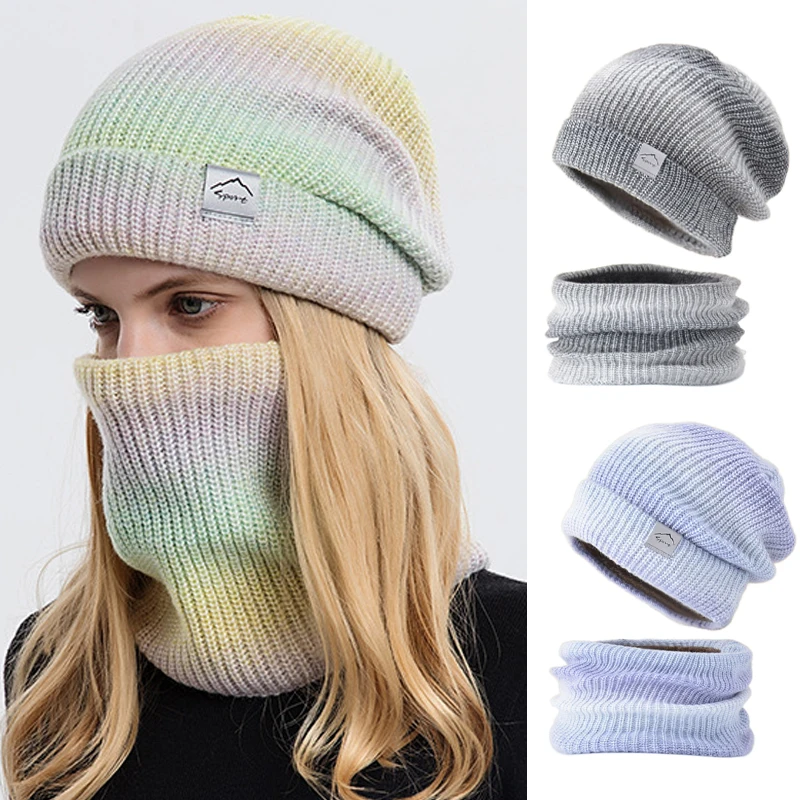 

Winter Knitted Hat Scarf Sets for Women Gradient Color Beanies Thicken Windproof Ear Protection Scarves Woolen Warm Pullover Cap