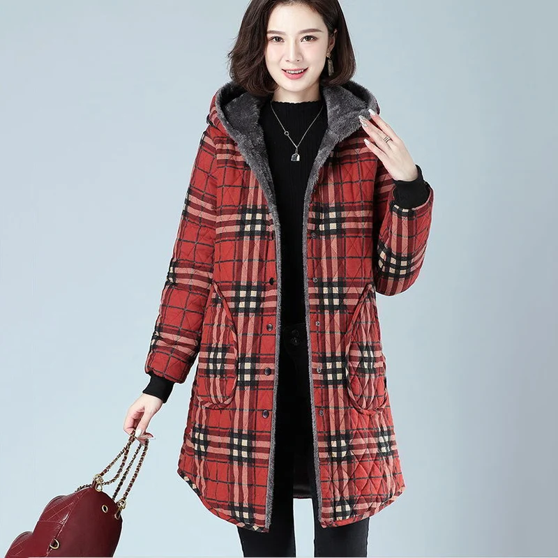 Women\'s Plaid Long Hooded Parka, Quilted Jacket, Winter Overcoat, Plus Velvet, Thick, Casual, Cotton Clothing, New