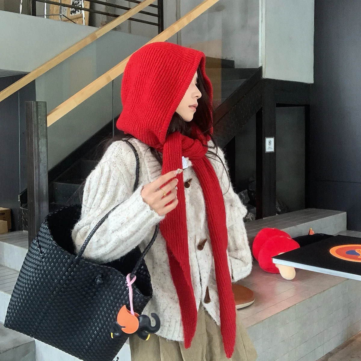 Knitted Balaclava Hat Scarf Integrated Hooded Scarf Wool Blend Women Winter Warm Beanie Neck Wrap Solid Color Knit Hood Scarf
