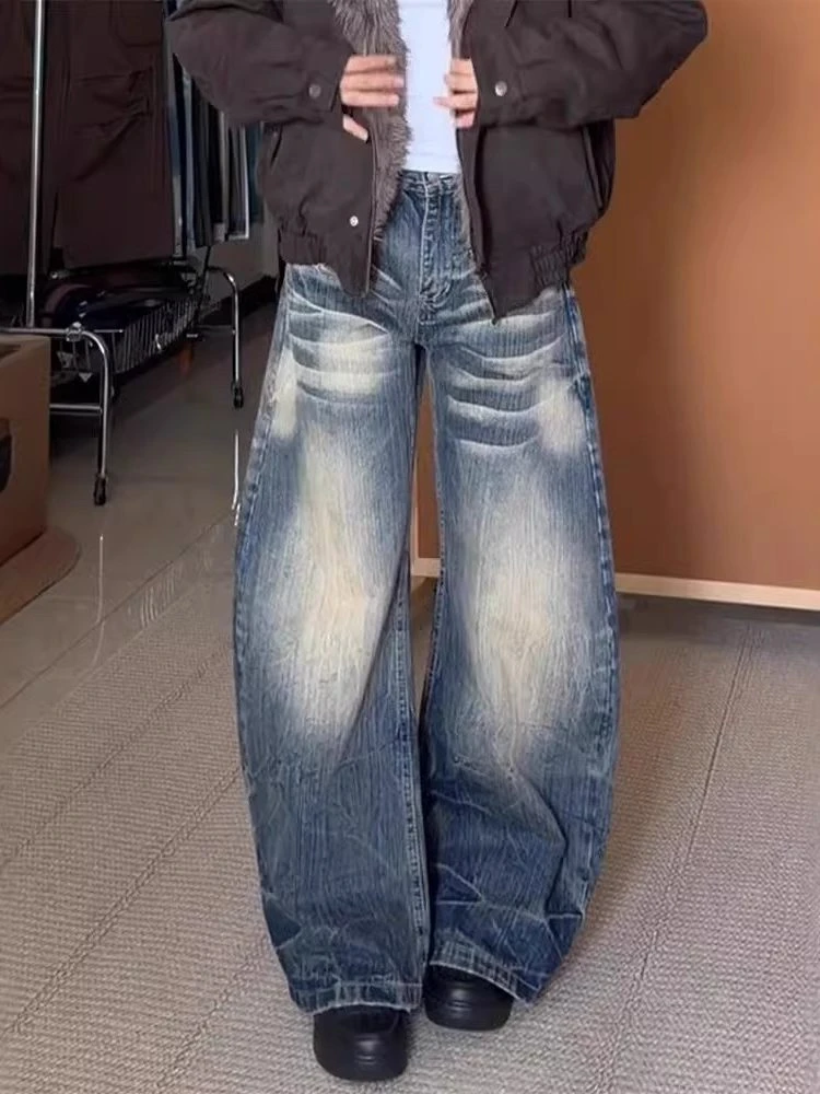 

Retro American Washed Knife Jeans High Waist Loose Straight Leg Wide Leg Pants for Women Spring Season Elegant Style