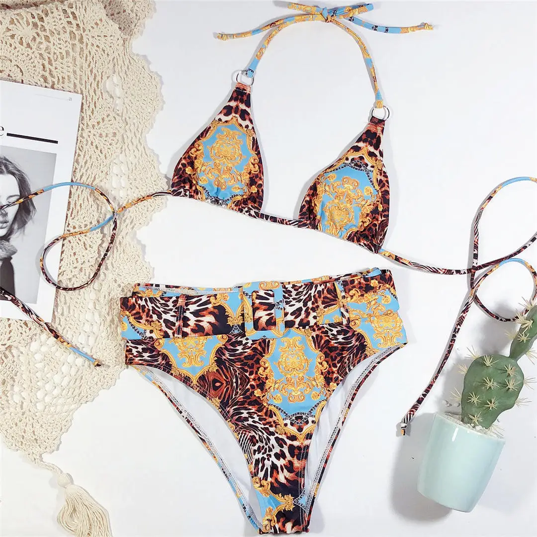 Umwickelnder Leoparden-Badeanzug für Damen, High-Waist-Bikini, zweiteiliger Bikini-Set, Neckholder-Badeanzug, Badebekleidung, Badeanzug V1926 – Detail 9