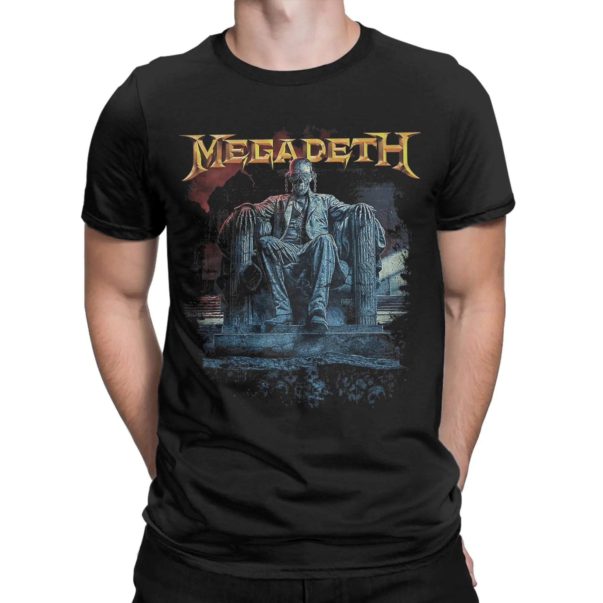 Men T-Shirt Megadeth Band Vic Rattlehead Statue Dark Poster Vintage Pure Cotton Tees Short Sleeve  T Shirts O Neck Clothing