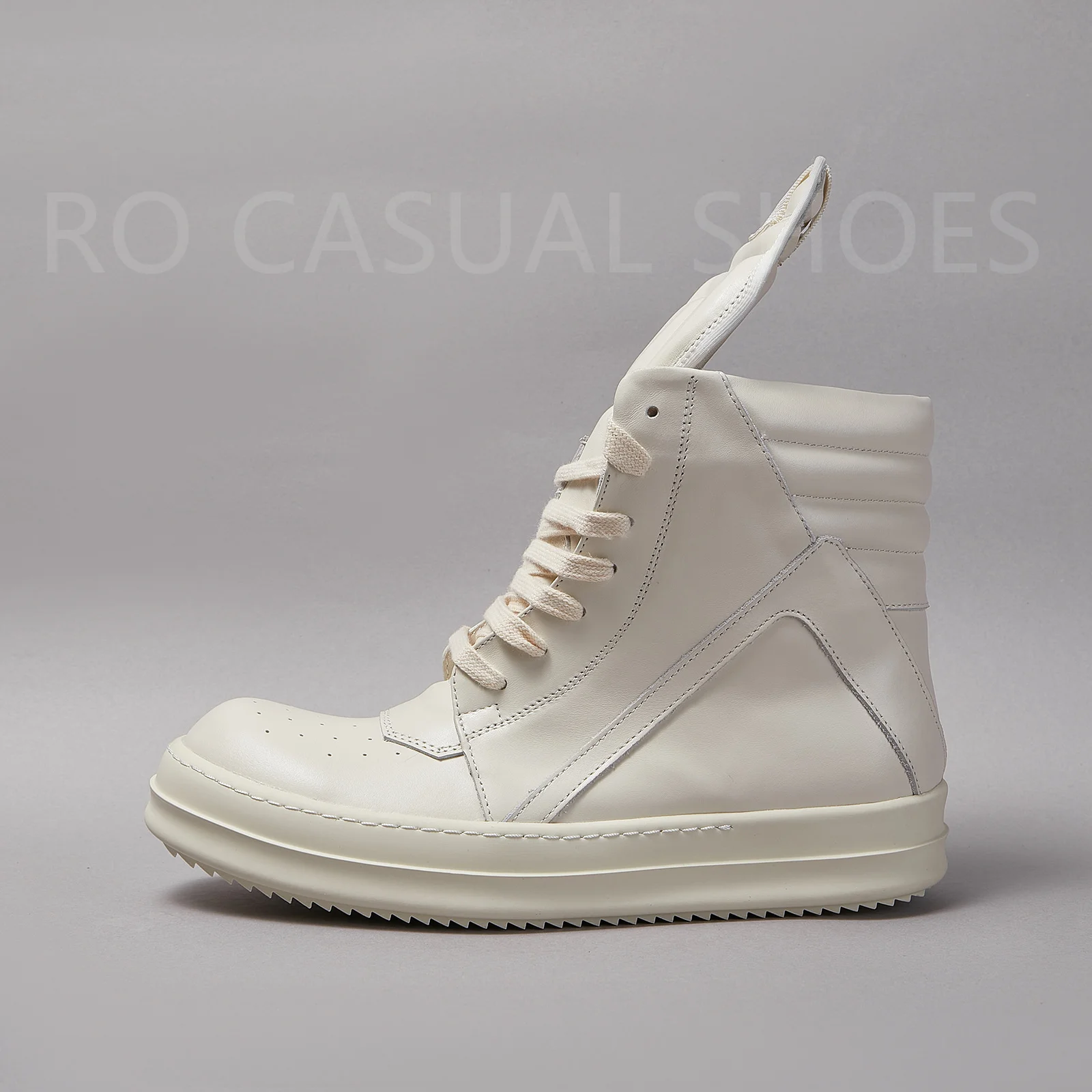 Ricks Genious Beige Leather High Top Geobasket Owens Quality Men Shoe Zipper Women Sneaker Casual Owens Design boots & Shoes