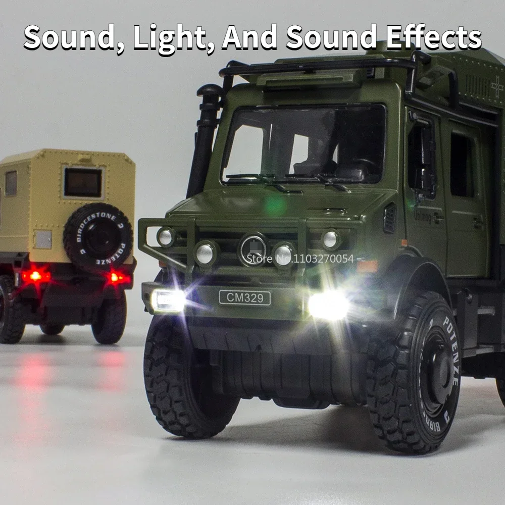 1:28 Benz UNIMOG MOTORHOME Alloy Diecasts Car Model Sound Light Pull Back Off-Road RV Miniature Vehicles Child Collection Giftss