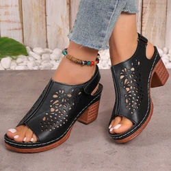 Women Sandals Retro Thick Heeled Fish Mouth Sandals 2024 New Summer Shoes for Women Middle Heeled Fashion Hollow Sandals Women