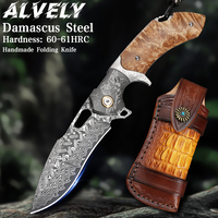 Handmade Damascus Steel Folding Pocket Knife, Men's EDC Pocket Knife with Sheath, Camping Hunting Outdoor Survival Knife
