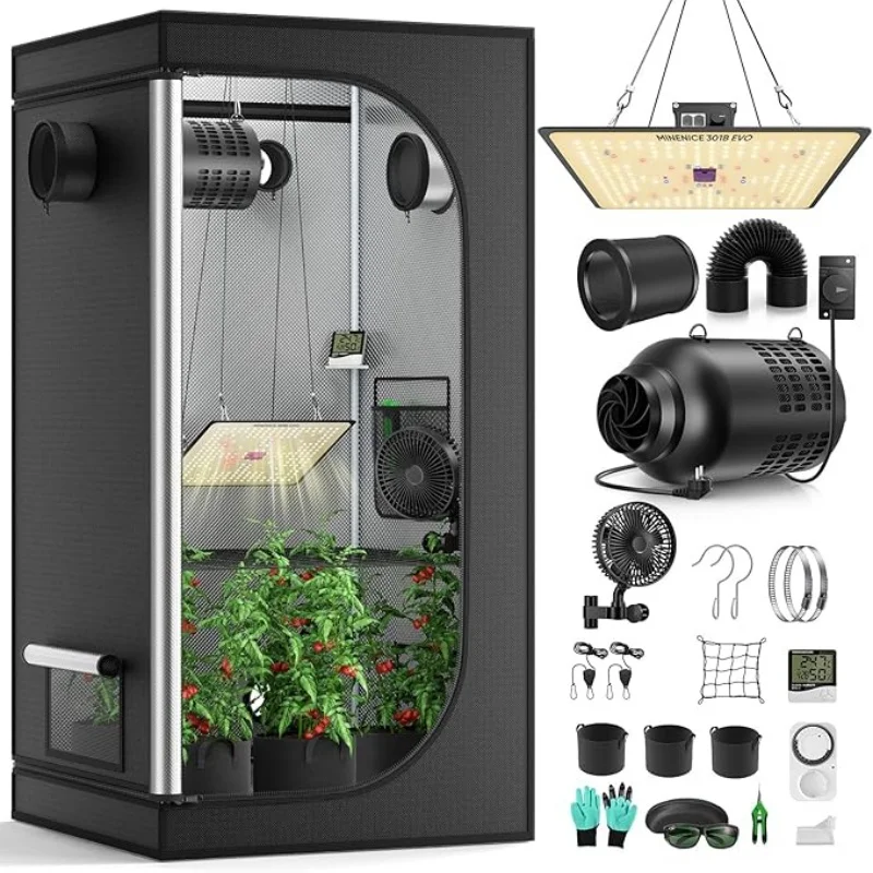 Growzelt Komplettset Luftzelt mit dimmbaren LED-Wachstumslampen, verstellbarem Clip-On-Lüfter, Aktivkohle-Luftfilter-Set