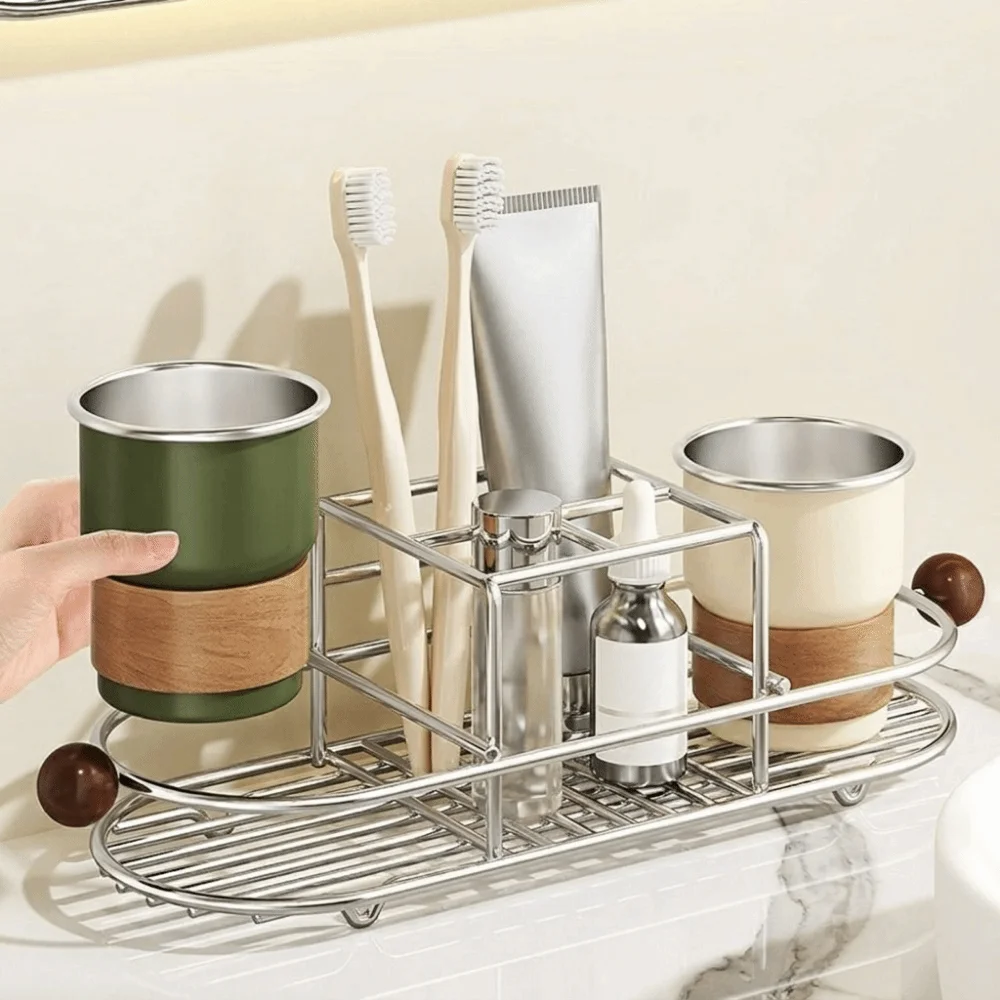 Stainless Steel Toothbrush Holder Waterproof Quick Dry Mouthwash Cup Rack Rustproof Space Saving Toothpaste Rack Kitchen