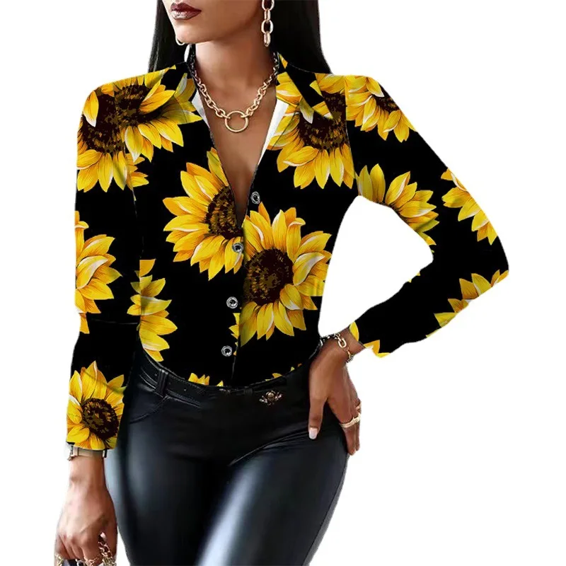 T Shirt For Women Fashion Long Sleeve Top Sunflower Print Shirts And Blouses 3D Print Clothes For Women 2024.